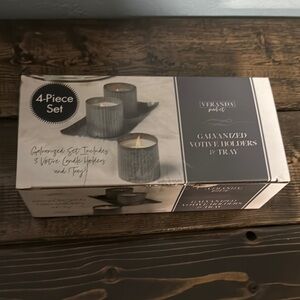 Galvanized Votive Holders & Tray - Gray